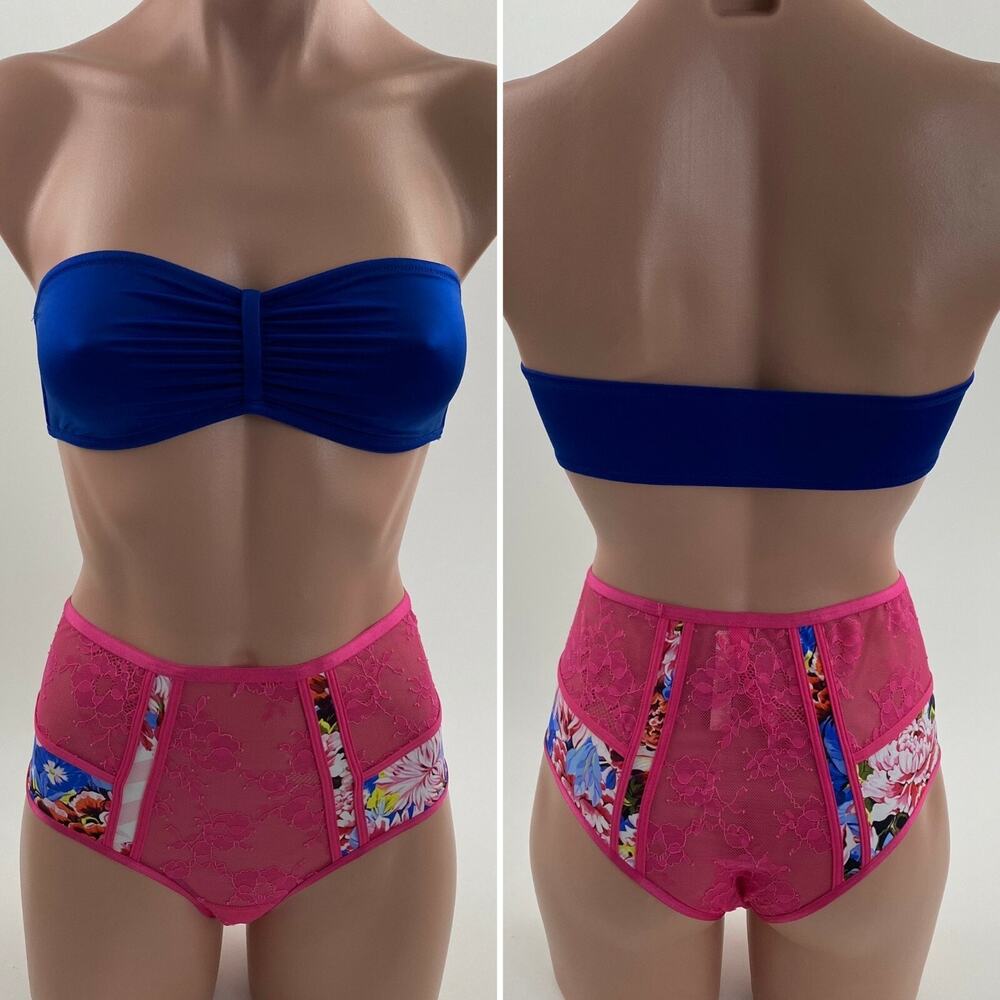 Victoria's Secret Strapless Wireless Bralette Bra S Panties XS Blue/Red Set NWT